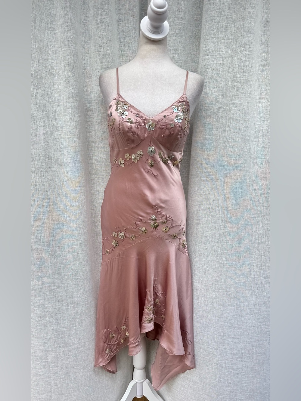 Y2K Sue Wong Pink satin silk sequins beads buttons midi uneven hem dress